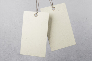 Two blank kraft eco hanging tags from recycled materials on cotton twine at light grey concrete wall background. Eco friendly label tag concept. Mock up. 3D rendering