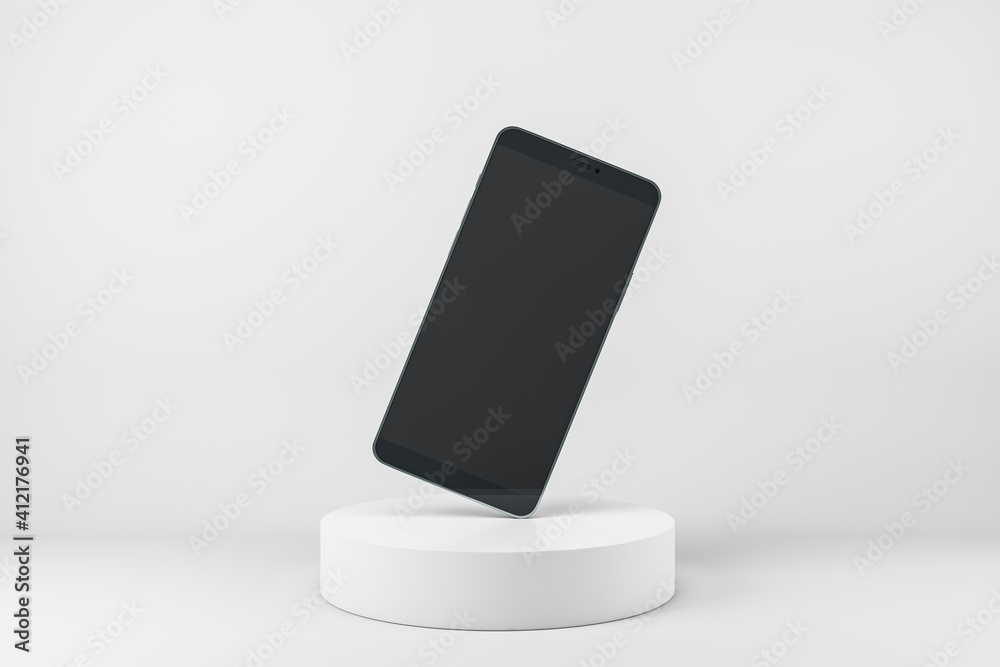 Poster Cellphone frame with blank black display standing on one corner on white cylinder at abstract light background. Realistic cell phone mockup. 3D rendering.