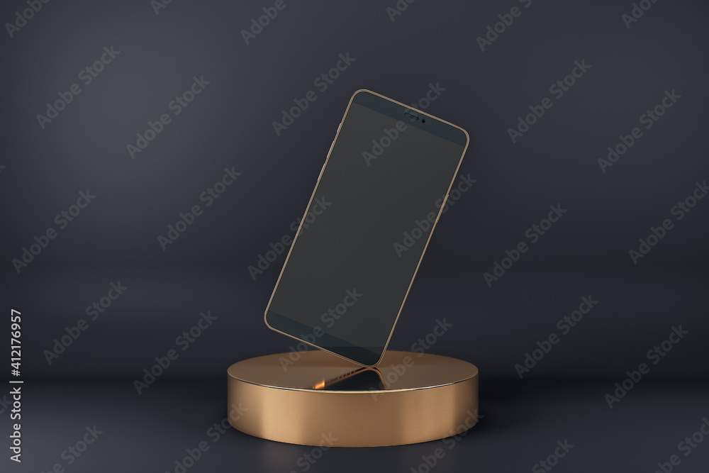Poster blank black smartphone display standing on one corner on golden cylinder at abstract dark background
