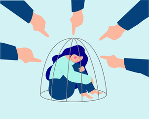 Flat character of an ashamed girl inside a cage. Feeling pain and put her face on knees because of fingers pointed at her. Sad woman prisoner of sorrow. Bullying female with mental disorder issues.  - obrazy, fototapety, plakaty