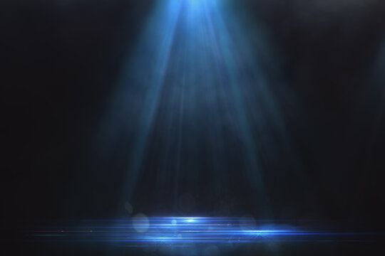 Blue Spotlight Background And Glowing Electric Blue Lines On The Floor With Smoke