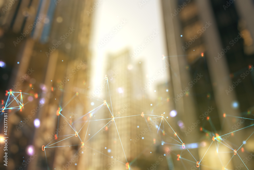 Poster Abstract virtual wireless technology hologram on office buildings background. Big data and database concept. Multiexposure