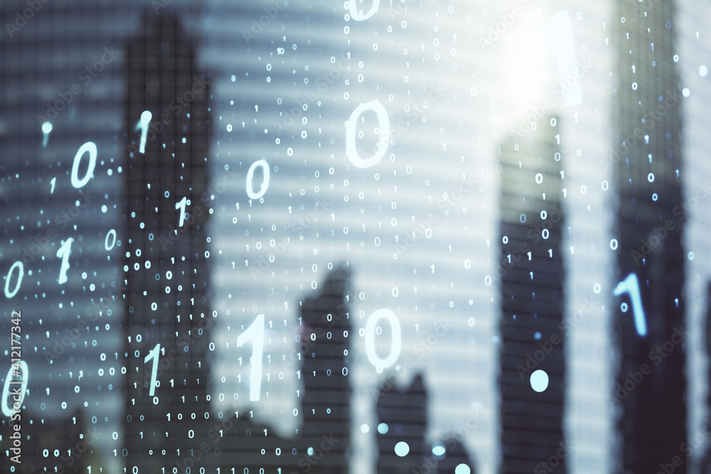 Poster abstract virtual binary code sketch on blurry cityscape background, hacking and matrix concept. mult