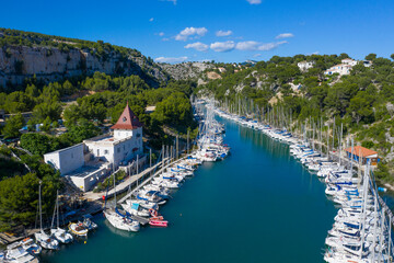 France, Bouches du rhone department, Cassis, Aerial view  of Calanques National park near Cassis. Little harbor "Port Miou"