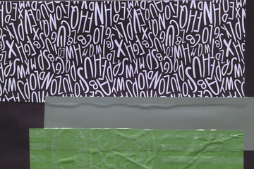 Colorful torn paper collage close-up. Texture made from various paper and cardboard parts. Damaged old paper background. Vintage blank wallpaper. Material design backdrop.