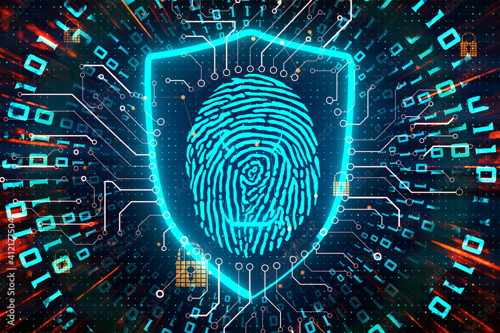 Aufkleber Cyber security concept with interactive fingerprint on digital screen with electrical diagram at dark background. 3D rendering.