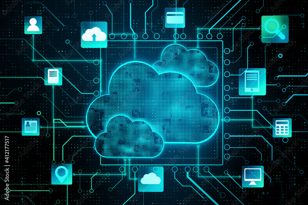 Poster Cloudy service concept with abstract digital interface with cloud elements, electric diagram and service opportunities signs. 3D rendering.