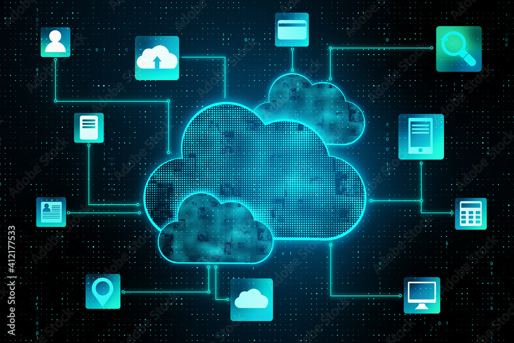 Poster Cloud technology service concept: digital interface with cloud elements, and service function signs. 3D rendering