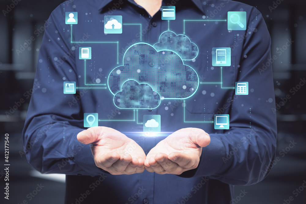 Poster Cloud service technologies: man with opened hands and digital screen with cloud and life style signs above.