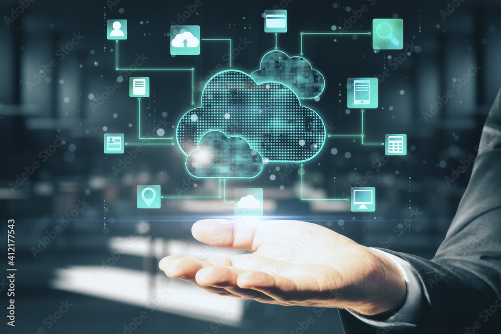 Aufkleber Cloud computing concept with digital screen with glowing cloud and application icons above man hand at abstract background