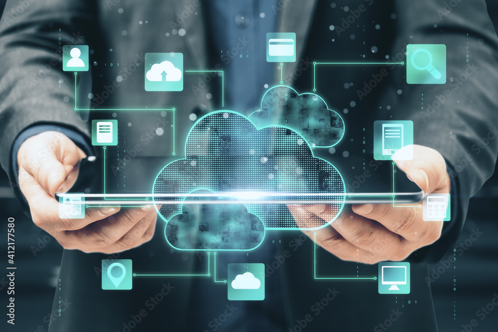 Poster cloud computing technology with digital screen with application icons and businessman holding digita