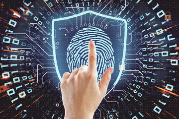 Fingerprint login concept with man finger touching digital screen with glowing signs, numbers and electrical diagram.