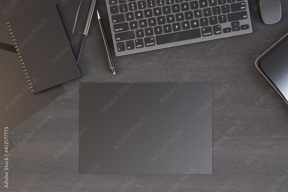 Poster modern office desktop with laptop and empty black paper.
