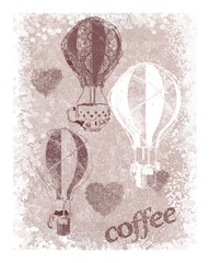 Creative surreal background, a cup of coffee flying in a hot air balloon, letters lined with grains, pastel brown tones,