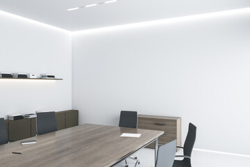 Modern eco style meeting room with blank grey wall, wooden furniture and white floor. 3D rendering