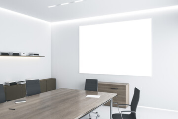 Big blank white poster on light wall under led lights in modern eco style office with wooden furniture and white floor. Mockup. 3D rendering