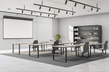 Sunny grey color eco style hall for business training with blank white screen, modern furniture and marble floor. Mockup. 3D rendering.