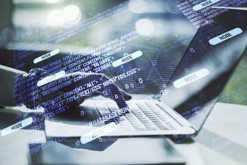 Multi exposure of abstract creative coding sketch with world map and hands typing on computer keyboard on background, artificial intelligence and neural networks concept