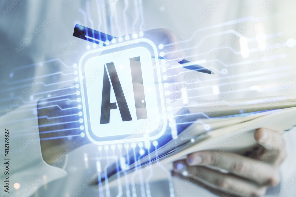 Aufkleber double exposure of creative artificial intelligence icon with man hand writing in notebook on backgr