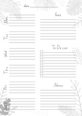 Printable A4 paper sheet with weekly planner blank to fill on background with tropical leaves. Minimalist planner for bullet journal page, habit tracker, daily planner template, blank for notebook.