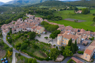 France, Var department, Tourtour, Aerial view of Tourtour, village in the sky, labelled Les Plus Beaux Villages de France ( the Most Beautiful Villages of France) - 412178345