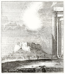 Acropolis of Athens far on distance from a greek temple location with corinthian column. Ancient grey tone etching style art by unidentified author, Magasin Pittoresque, 1838