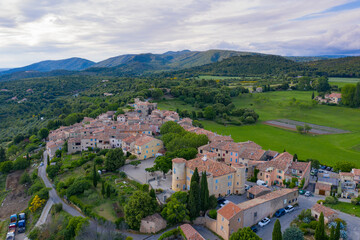 France, Var department, Tourtour, Aerial view of Tourtour, village in the sky, labelled Les Plus Beaux Villages de France ( the Most Beautiful Villages of France) - 412178524