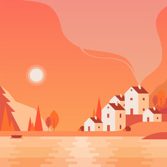 Vector illustration in simple minimal geometric flat style - autumn city landscape with buildings, hills and trees