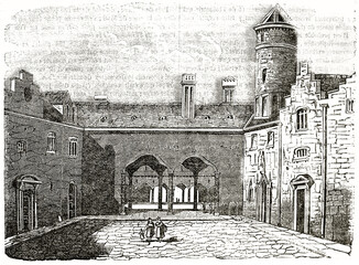 Antwerp stock exchange medieval building, Belgium. Courtyard surrounded by stone constructions. Ancient grey tone etching style art by unidentified author, Magasin Pittoresque, 1838