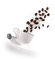White cup, saucer, spoon fly in the air, surreal design, grains of roasted and ground coffee, 3d rendering