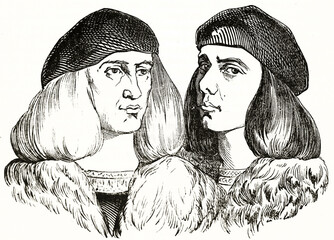 portrait of Gentile (1429-1507) and Giovanni (ca. 1433-1516) Bellini, Italian artists. Close up on their faces. Ancient grey tone etching style art by unidentified author, Magasin Pittoresque, 1838