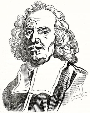 Close up portrait of Gian Lorenzo Bernini (1598-1680), Italian sculptor and architect. Ancient essential style black and white art by unidentified author, Magasin Pittoresque, 1838