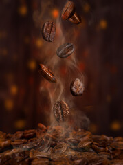 Dark brown background, falling roasted hot coffee beans, close-up, 3D rendering