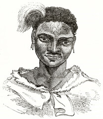portrait close up of a Cafres man, african features guy with a feather on his hairs. Ancient grey tone etching style art by unidentified author, Magasin Pittoresque, 1838