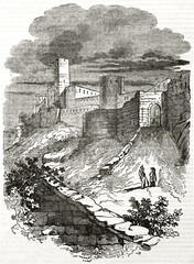 Carcassonne foreshortening from bottom, fortified town in Languedoc-Roussillon region, France. Ancient grey tone etching style art by Marville, Andrew, Best and Leloir, Magasin Pittoresque, 1838