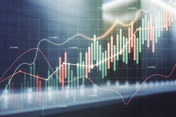 Double exposure of abstract creative financial chart hologram on modern business center exterior background, research and strategy concept