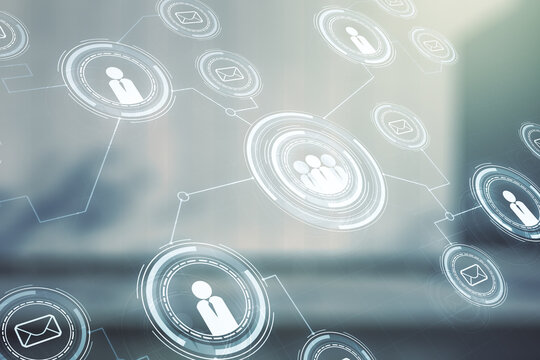 Double exposure of abstract virtual social network icons on modern business center exterior background. Marketing and promotion concept