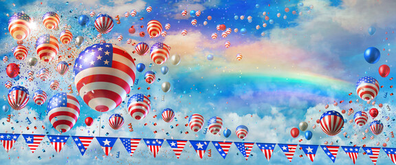 Fourth of July Independence Day of United States celebration banner showing lots of flag printed balloons flying in the rainbow sky, flags garland and confetti. 3D rendered illustration 