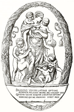 Allegorical illustration of charity representing woman taking care of naked children framed by floreal oval. Ancient grey tone etching style art by S. Germain and Quarterly, Magasin Pittoresque, 1838 © Mannaggia