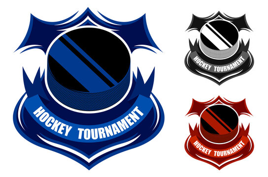 ice hockey sporting emblems. Sport black rubber puck for ice hockey on background of stylized shield. Tournament symbol. Easy to edit color. Vector