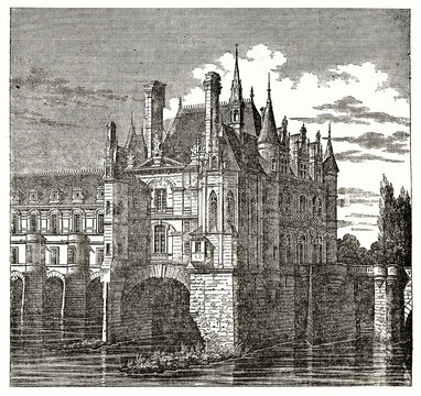 Chenonceau castle, Loire valley, France. Huge stone structure with gorgeous architecture supported by ramparts on water. Grey tone etching art by Andrew, Best and Leloir, Magasin Pittoresque, 1838