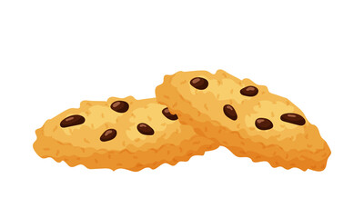 Chocolate chip cookies. Sweet pastries. Fat, high-calorie, unhealthy food. Dessert, yummy treat, treat. Illustration in cartoon flat style. Isolated on a white background