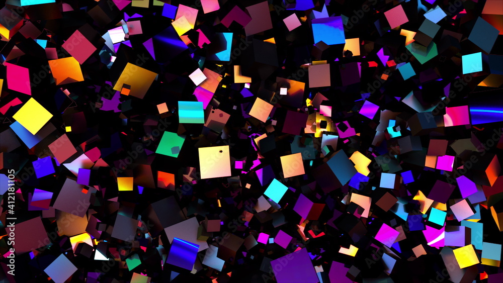 Aufkleber multicolored random cubes filling the screen, computer generated. 3d rendering neon technological ba