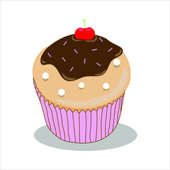 Vector cupcake, vanilla cupcake with chocolate, sugar flakes, and a cherry on top.