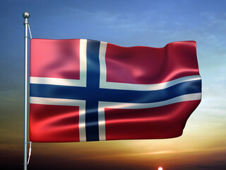 3D illustration of the national flag of Norway waving in the wind against sunset sky