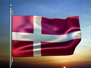 3D illustration of the national flag of Denmark waving in the wind against sunset sky