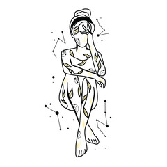 Line art flat vector illustration of a beautiful Woman’s body with leaves and constellations. Good for posters, logos, postcards, bags and tattoo