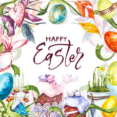 Easter poster and banner template with Easter eggs in the nest on light pastel background.