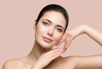Model Beauty Facial Care. Women Smooth Skin Treatment. Hands on Cheek. Spa Cosmetic. Pink Background