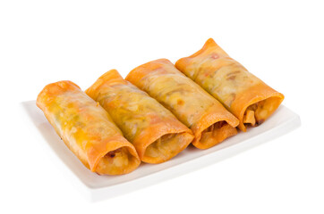 Spring rolls with chicken and vegetables on white plate